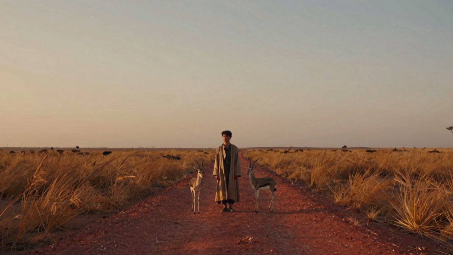 At the far edge of a saffron plain at amber dusk, Majnun as a gaunt, tender-eyed young wanderer in a torn ochre robe, alone on a long dust path, two slender gazelles beside him unafraid; the path glinting faint red in…