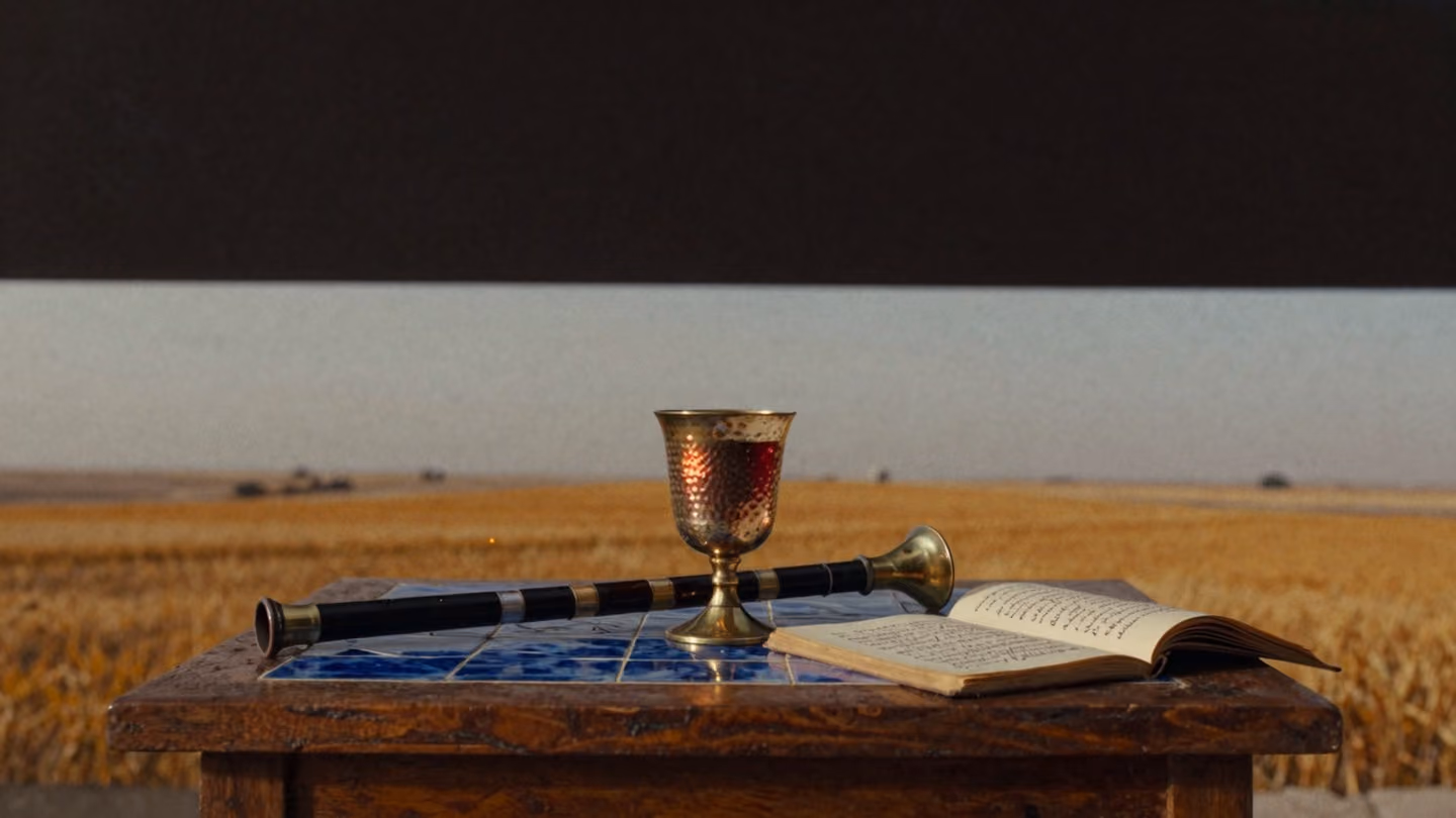 An antique hammered-brass cup of dark wine on a low walnut table catching a warm flame-glow, a slender reed ney and an open hand-inked page of Persian verse resting beside it — love's ferment as sacred symbol, never a…