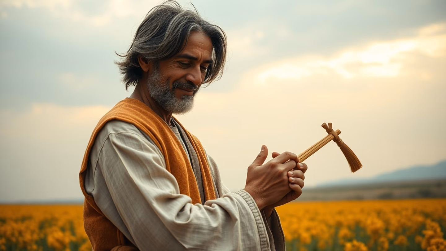 Clear daylight breaks through the overcast onto A lean Khorasani ney player of about fifty, warm olive skin, silver-streaked dark hair and a short trimmed beard, calm luminous eyes; a plain undyed cream linen tunic un…