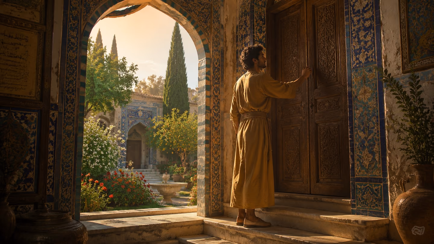 Framed through the tiled arch of the Beloved's door at soft morning: a young Shirazi lover in a plain saffron tunic pauses on the marble step, hand lifted to knock, longing on his face — yet the carved door stays sile…