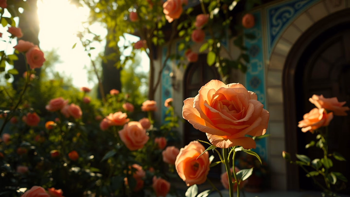 Roses at their peak bloom fill the courtyard, one blush-and-gold rose opened wider and more radiant than all the rest, glowing in dappled spring-green light through the orange-blossom leaves — no rose fresher than the…