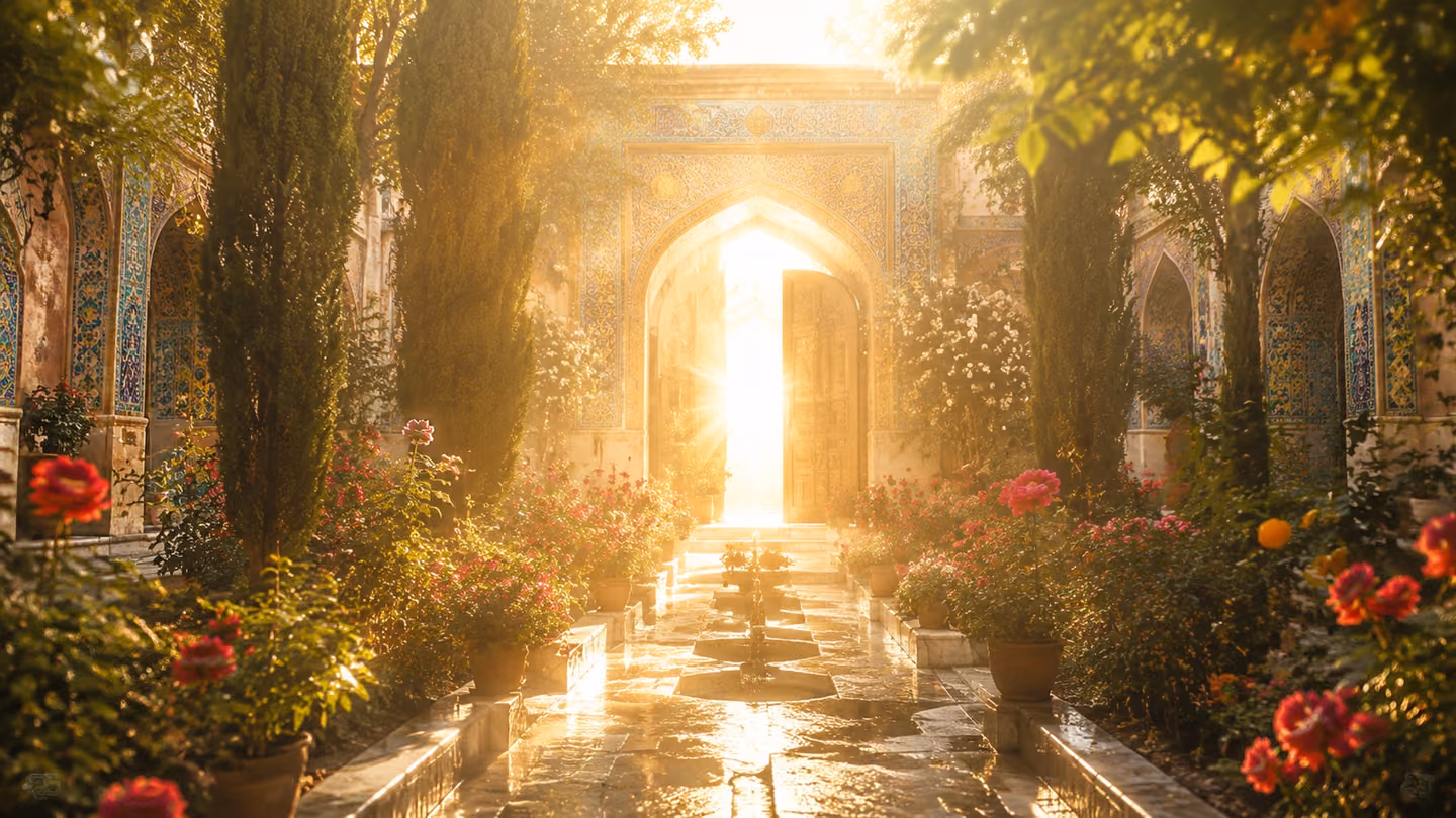 The whole garden floods with transcendent white-gold light, the Beloved's radiance filling the courtyard, every rose and the dark cypress lit from within and the tiled arch of the door aglow — the world made of the li…