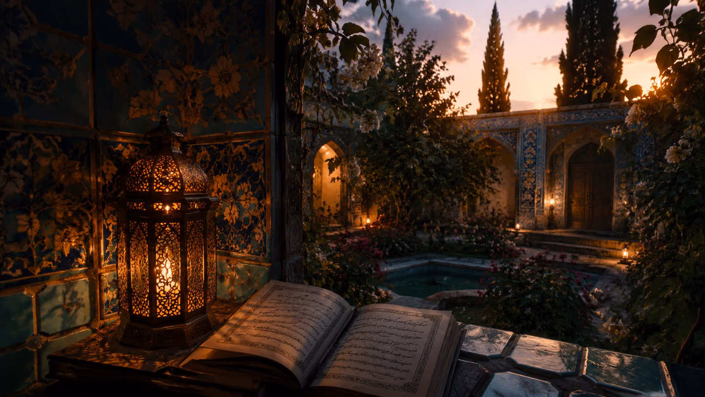 A copper lantern's warm glow beside an open hand-inked book of Persian verse in a small tiled niche at twilight, its light gentle but faint against the garden's fading radiance — faith's lamp, nothing without the Belo…