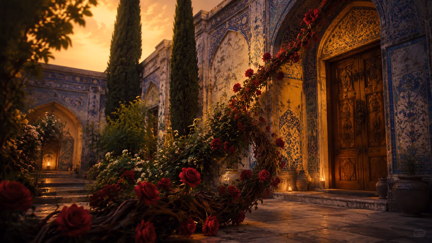 A dark rose-vine coils like a lock of hair up the tiled arch toward the Beloved's door at ember dusk, the only path through — the ring of your curls, unbelief the guide on love's road; the last warm light rakes low ac…