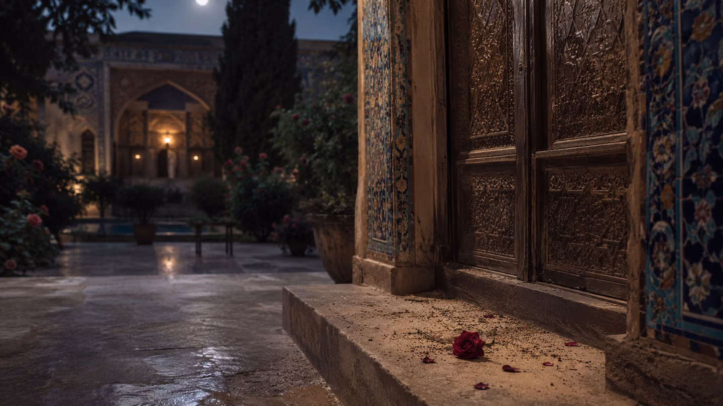 Fine dust on the worn marble threshold of the Beloved's door under the last silver light of night, the garden hushed and roses closed for sleep — to be as dust at your door, humble and at peace, the poem's final surre…