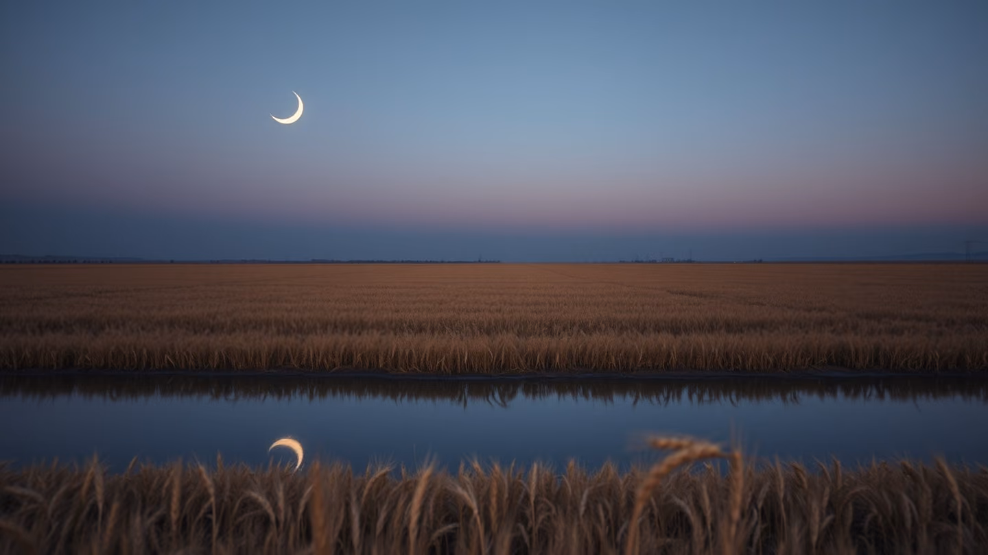Two moons hang in one frame — the crescent low over vast Khorasan wheat, and its twin lying on the still water of an irrigation channel.