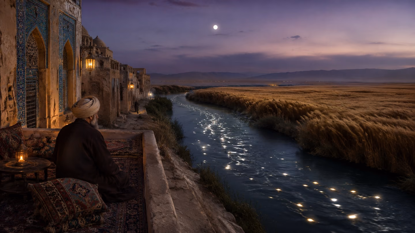 Wind crosses the water and the moons break apart, a dozen silver reflections scattering into ripples and going out, while the channel itself remains whole and dark beneath them.
