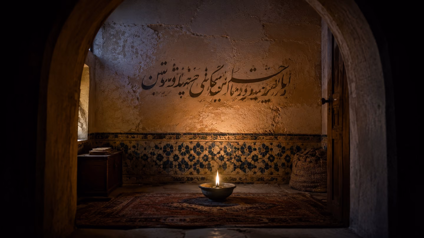 Framed through a low arched doorway into a plain Khorasani room: a floating wick burns in a shallow glazed vessel of oil, lifeless matter turned into steady light.
