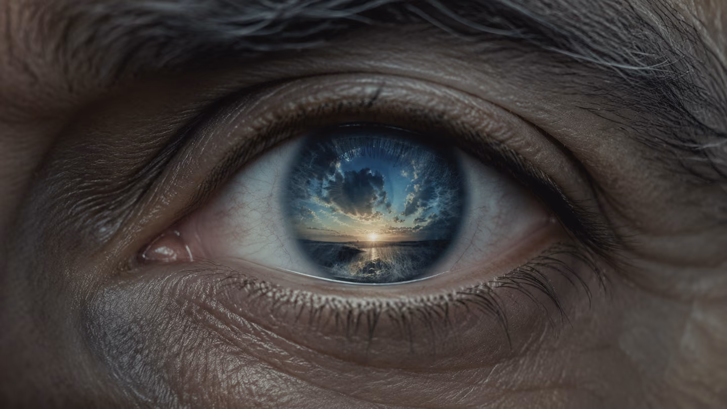One human eye fills the close frame, an older Khorasani face barely suggested around it, lashes and iris in exact realistic detail.