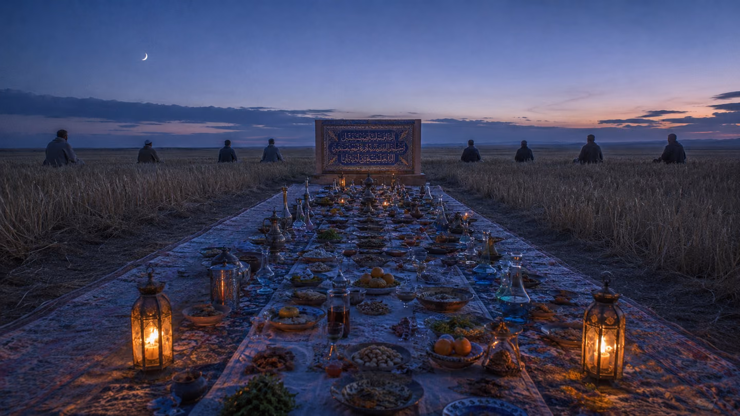 A long Persian sofreh cloth lies spread across the night wheat plain, every dish and glass set out and completely untouched.
