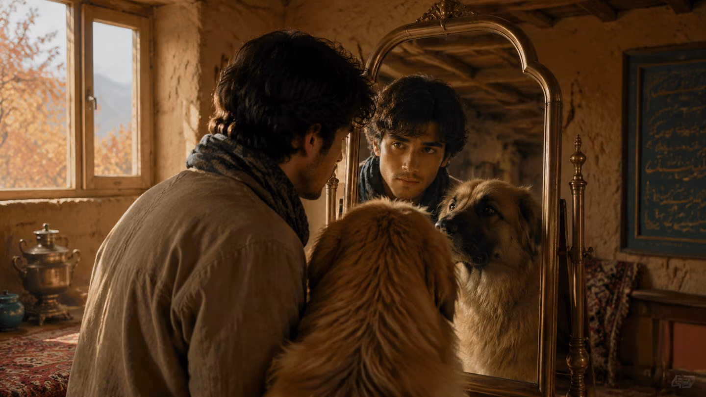 Face to face before a brass-framed antique mirror in a softly daylit khesht room, a young farmer and his dearest friend watch both their reflections held in one glass, eyes meeting inside it; over-shoulder handheld cl…
