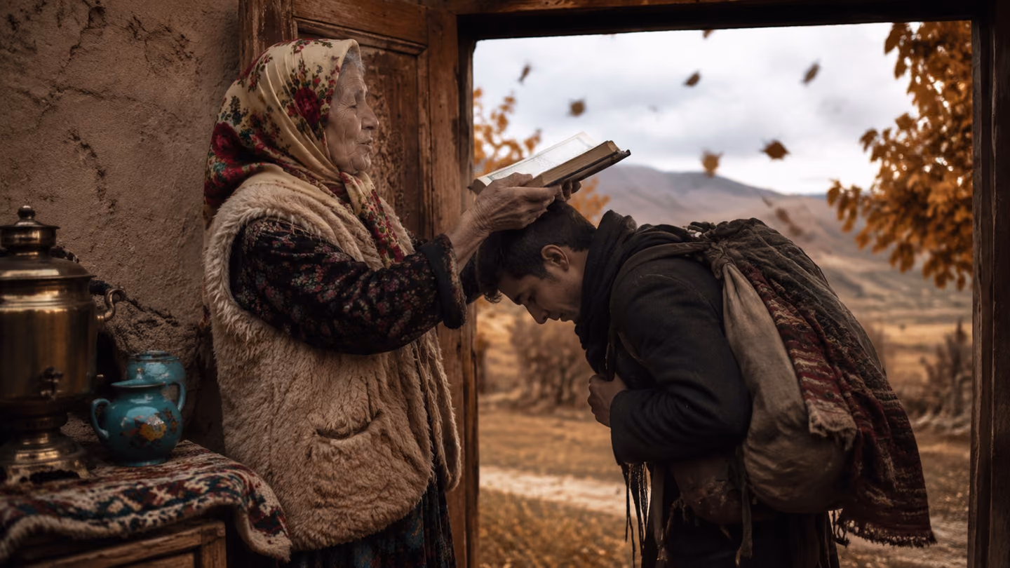 Beneath an open Quran held high by his grandmother, a young traveller bows through the low doorway setting out across the fields, her lips mid-whisper breathing a protective prayer over his head; handheld mid-shot, fl…