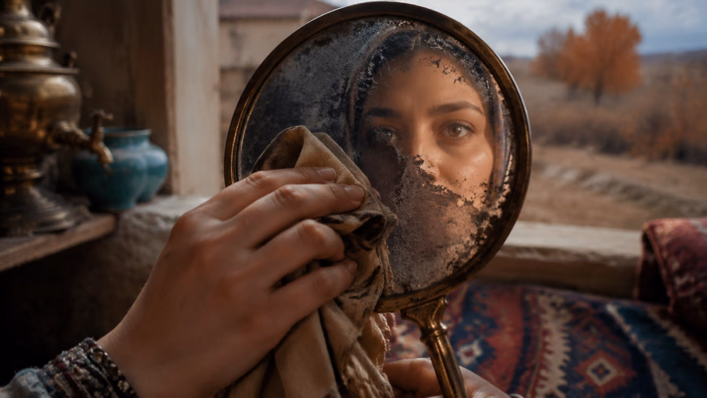 Tarnish clouds half of an old brass hand-mirror, and a headscarfed woman's hand wipes it slowly bright, her steady eyes emerging clearer with every stroke of the cloth; extreme handheld closeness on fingers and glass,…
