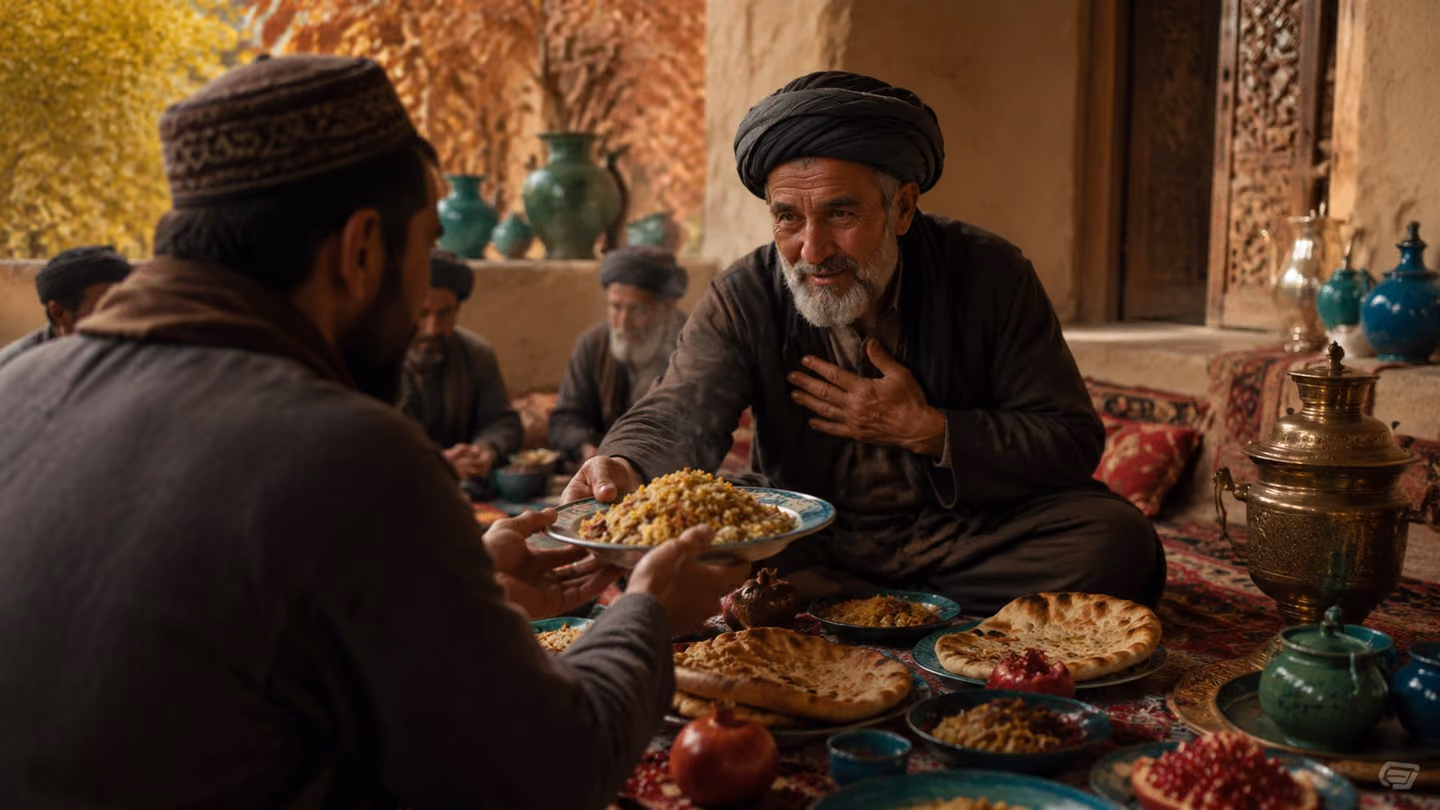 Across a spread sofreh crowded with saffron rice, pomegranates and hot flatbread, the grey-bearded host presses his own heaped plate into his guest's hands, insisting with lowered eyes and a palm over his heart; handh…