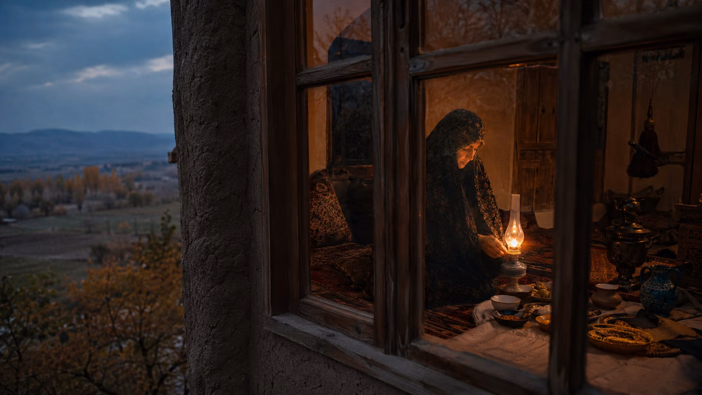 Blue dusk settles over the wheat-fields as a chador-wrapped mother sets an oil lamp glowing in the house's single window, its flame a small bright answer to the cold, one guest cushion beside the sofreh left empty beh…