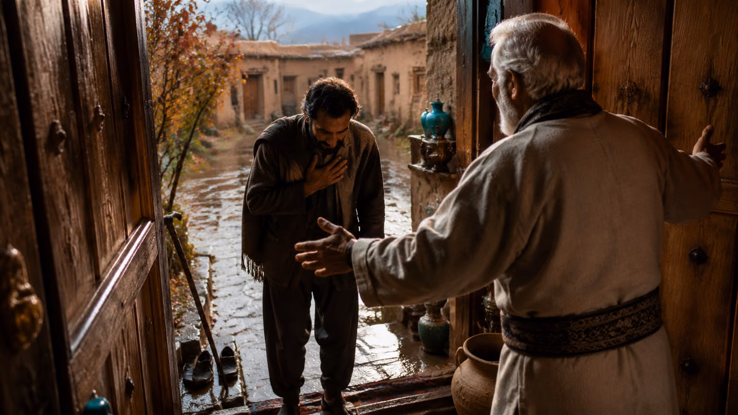 Head bowed with a palm flat over his chest, a visitor stands yielded between the open door posts, walking stick and slipped-off shoes left on the step behind him, while the white-haired elder inside rises with opening…