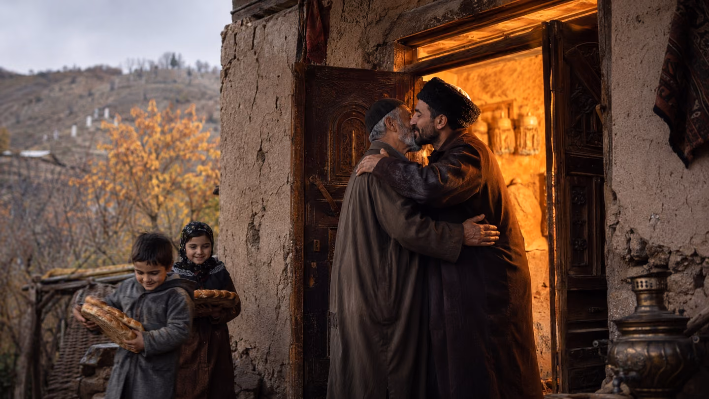 Autumn sun breaks through parting overcast as the carved door swings wide, and on its threshold the estranged friends embrace, one kissing the other's living cheek with shut eyes, children carrying bread past their kn…