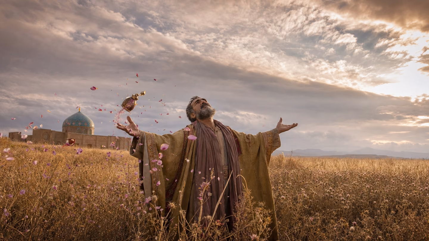 Wide autumn plain of cut saffron and pale wheat beneath a vast copper-lit overcast sky; the perfumer stands small and open-armed at its centre, head tilted back, eyes closed in overwhelmed joy, his brass attar vial sl…