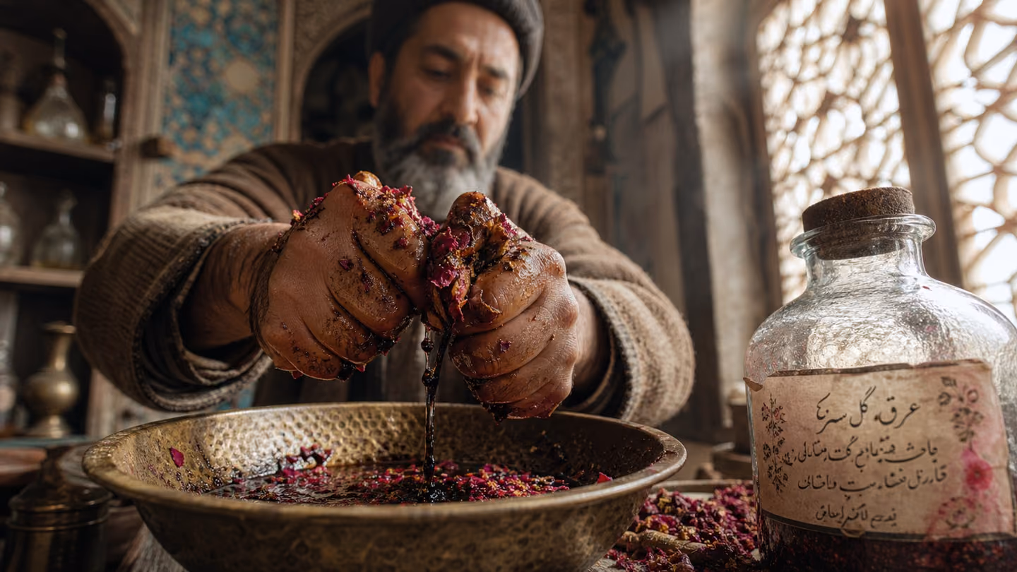 The perfumer's rust-stained hands fill the frame, crushing damask rose petals in a shallow brass mortar until dark fragrant oil bleeds from the ruined blossoms; soft pearl-grey daylight through a carved lattice picks…