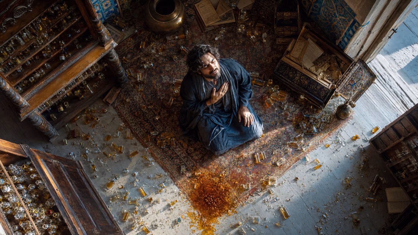 Overhead angle looking straight down as the perfumer kneels among his overturned perfume shelves, every glass vial emptied and scattered across a faded wool carpet, letting all of it go without protest, one hand press…
