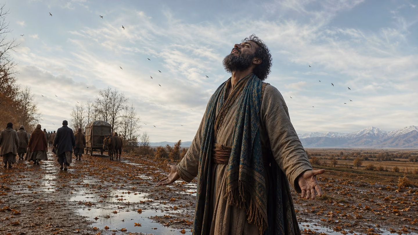Alone against an emptying autumn track, the perfumer faces the opposite way from everyone else — a small caravan, villagers and a scatter of birds all withdrawing toward the pale west — while he turns up into a rain-w…