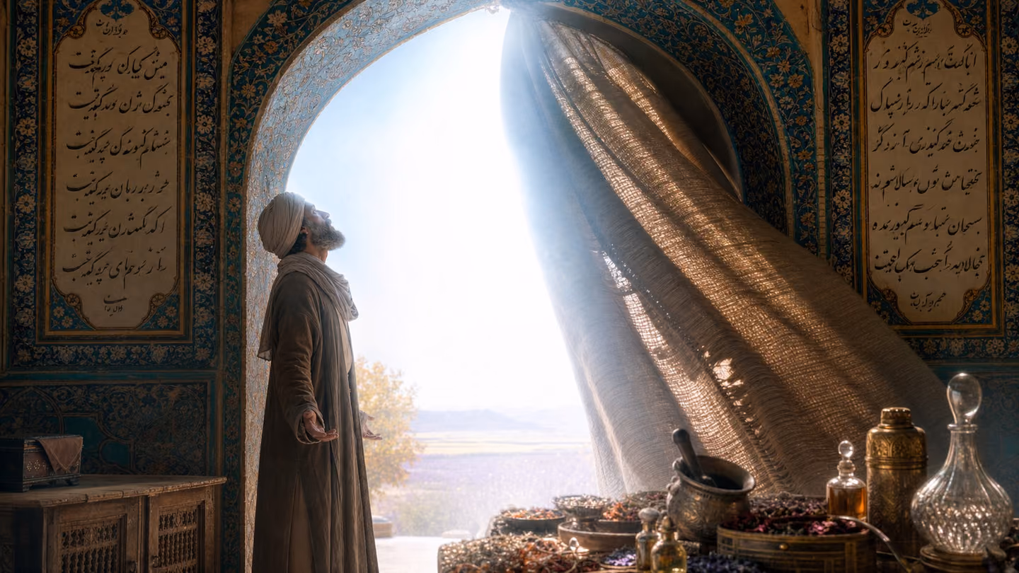 Composed through a turquoise-tiled archway: a heavy woven curtain lifts aside on its own, and beyond it stands no figure at all — only a flood of pure white radiance pouring over the threshold onto the perfumer, who h…