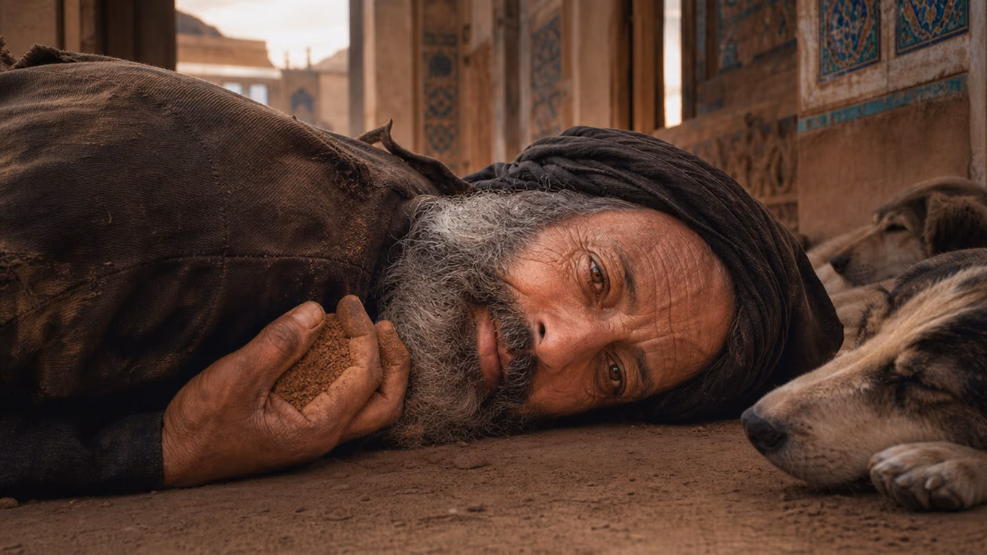His face fills the frame, laid low and sideways against the warm packed earth of a lane at a threshold, eyes open and entirely calm, while his rust-stained hand gathers a small handful of that earth and holds it to hi…