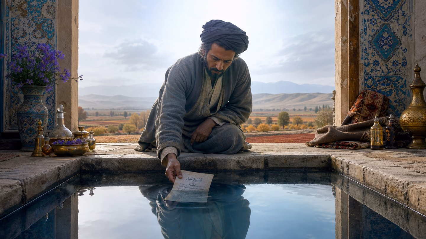 The perfumer kneels at the rim of a still dark pool at first light, lowering a single page inked with his own name and trade beneath the surface; the letters bloom apart and dissolve, and the water he had been blockin…