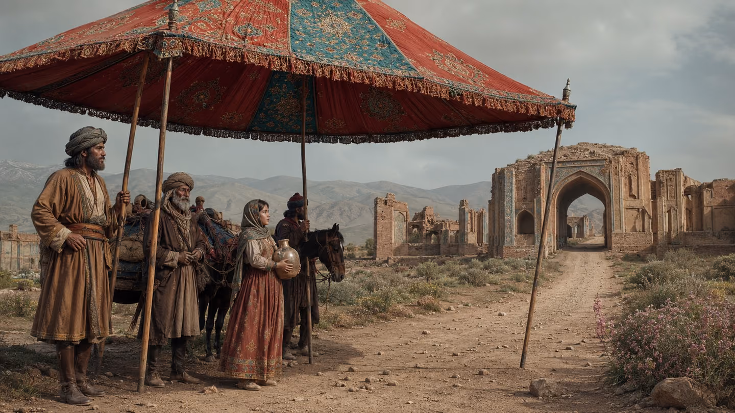 A vast ceremonial parasol of crimson and turquoise silk, carried on long poles, throws its broad shade over ordinary Kashan travellers halted on a dust road — a girl with a water jar, an old caravan-master — all stand…
