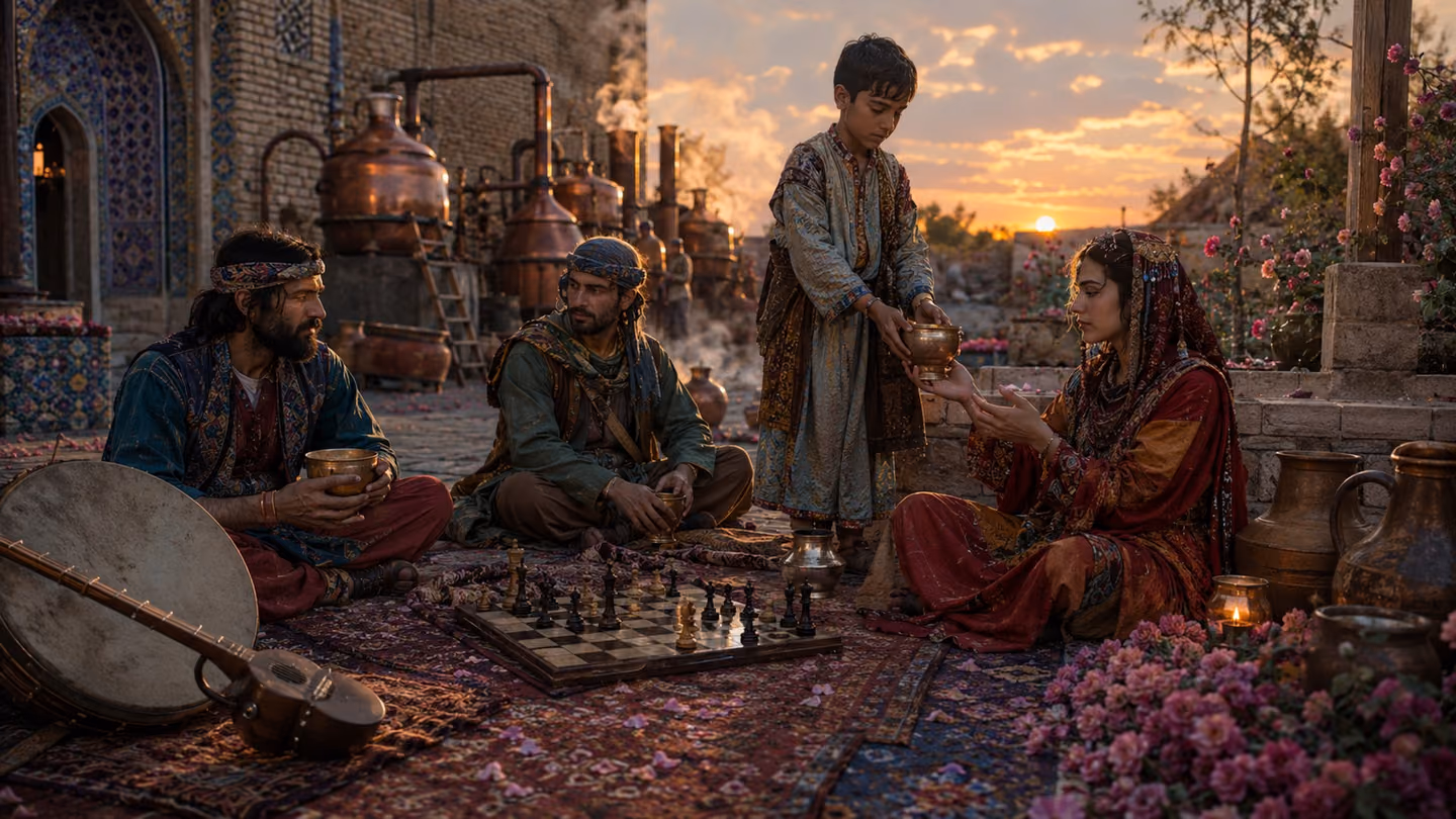 Travelling Luli musicians rest at the edge of a Kashan rose-distillery yard in the last ember light, a daf and a long-necked tar set down beside them, copper stills breathing steam behind.