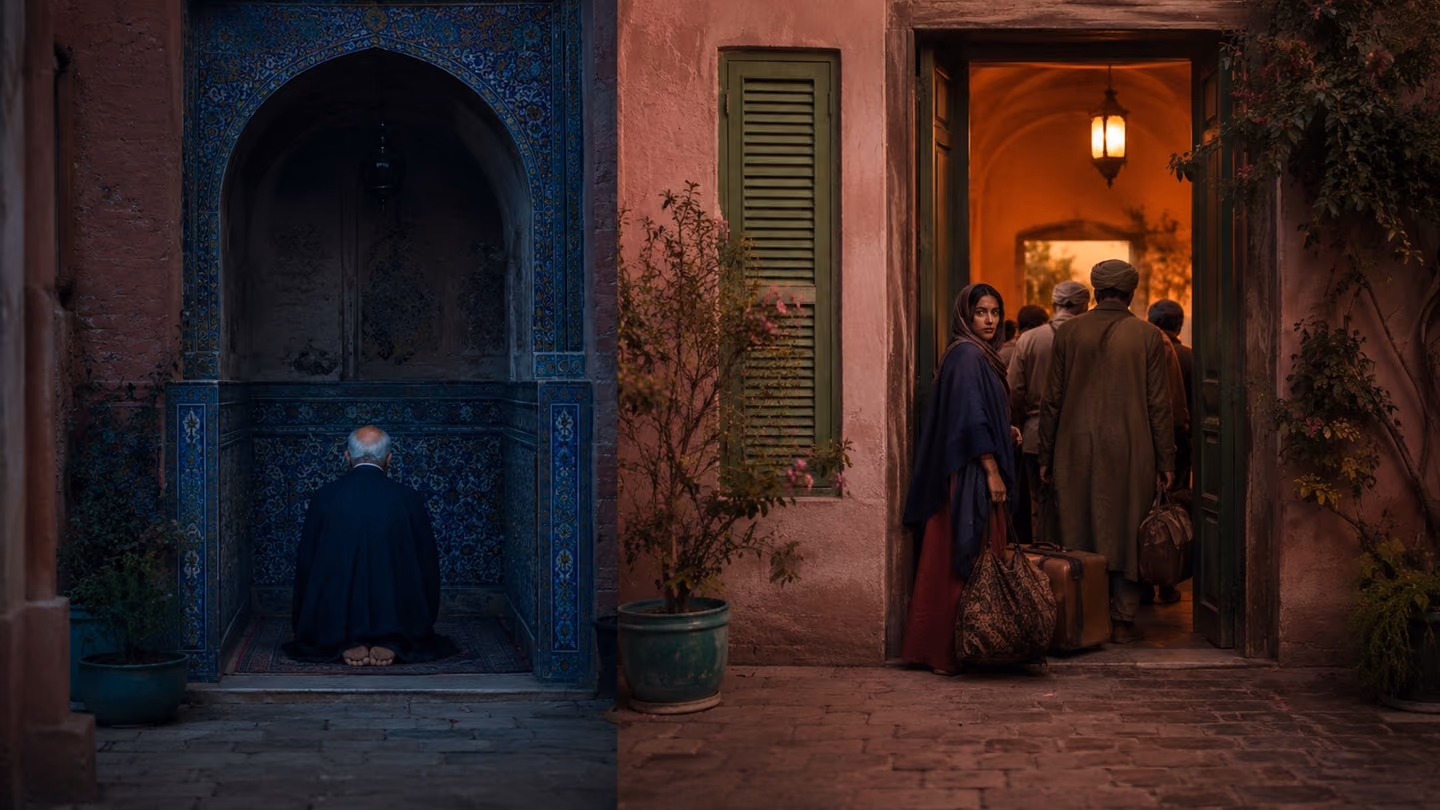 A plain brick courtyard splits the frame: at left an austere elder kneels alone in a shadowed tiled niche, his back to us, everything around him blue and still; at right warm lamplight spills from an open doorway wher…