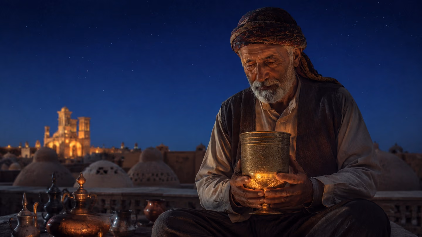 Both hands of an old Kashan coppersmith cradle the heavy brass goblet against his chest — holding it, not raising it — in silver-blue moonlight on a flat rooftop.