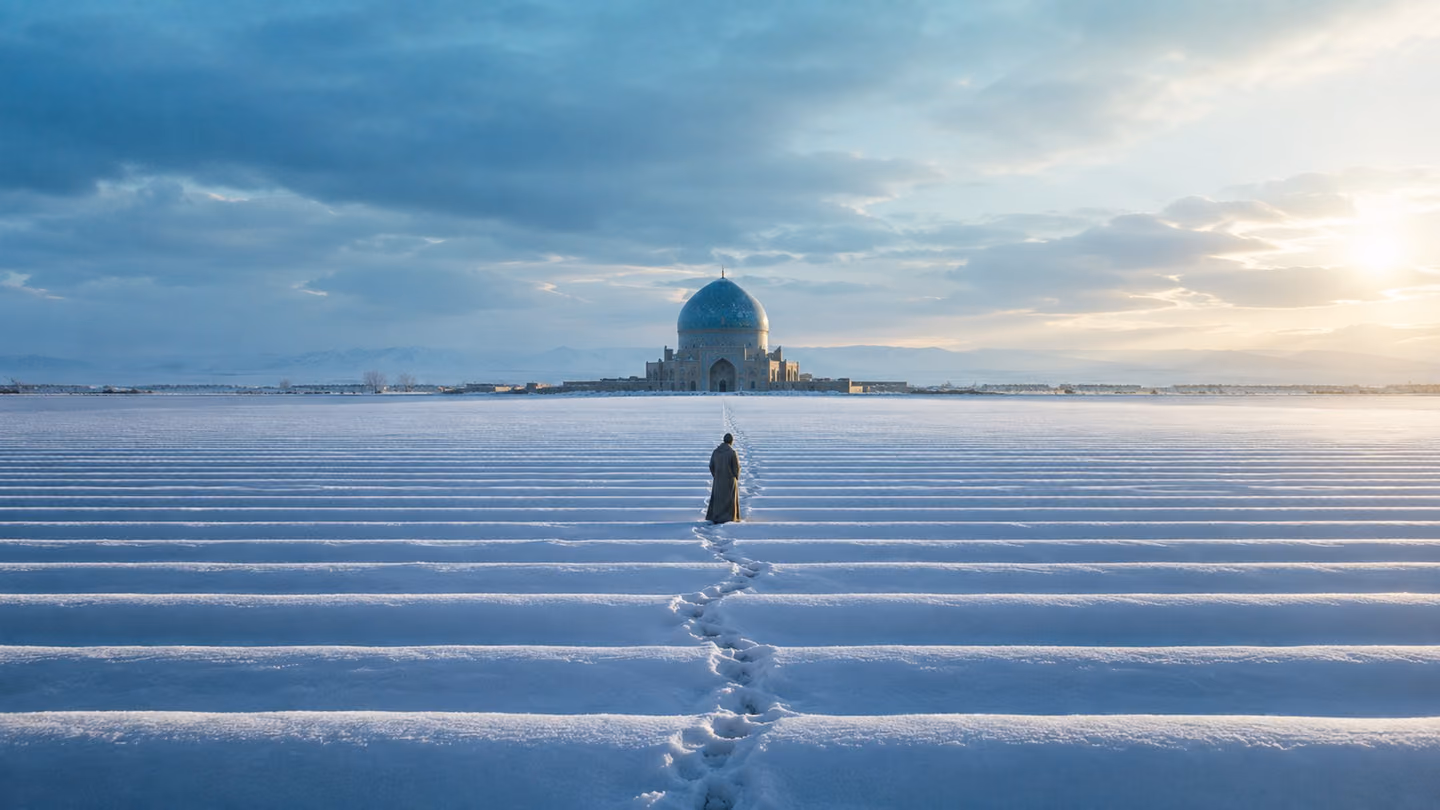 Snow-ridges run perfectly straight and parallel to the horizon in frost-blue morning light, and across their order one set of footprints wanders crooked.