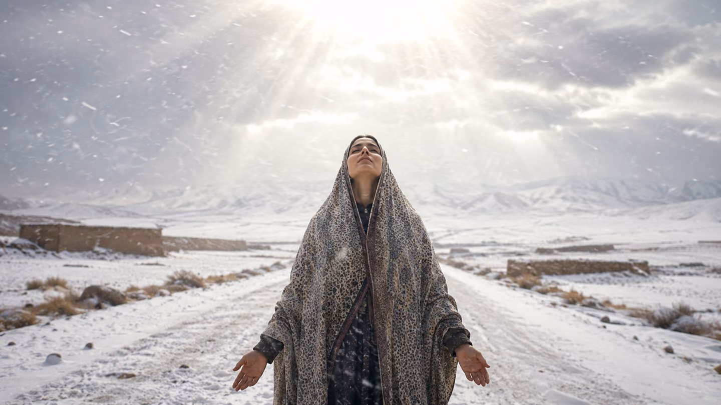 Standing at the centre of the blowing snow, a Khorasani village woman in a plain woven chador lifts her face into a shaft of white radiance breaking through the cloud, arms loose, wholly at ease while the entire plain…