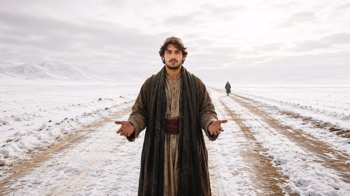 Snow-light flattens the plain to a bright level field, and at the centre of the road a young Khorasani man faces us with both hands open and empty, nothing left to ask for.