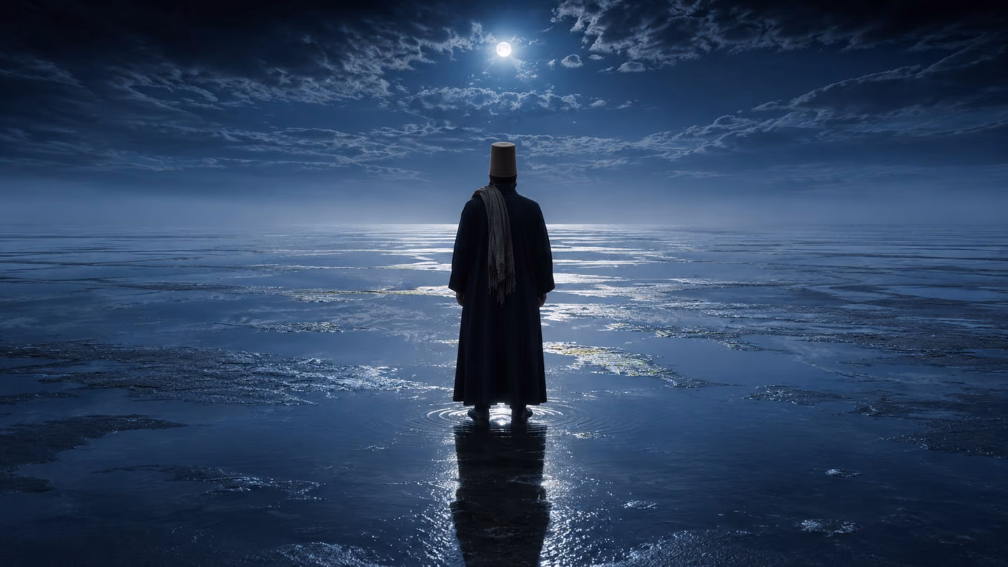 Silver moonlight lies on a sheet of snowmelt flooding the plain to the vanishing horizon, sky and mirror meeting until the horizon disappears, and a figure stands at centre with his back to all of it, searching the em…