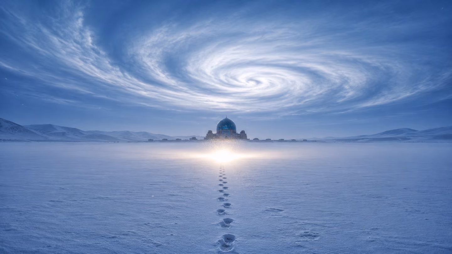 Footprints cross an unbroken snowfield and simply end at centre, and where they end the snow glows from within, warm white light rising out of the ground, the brightest thing on the plain.