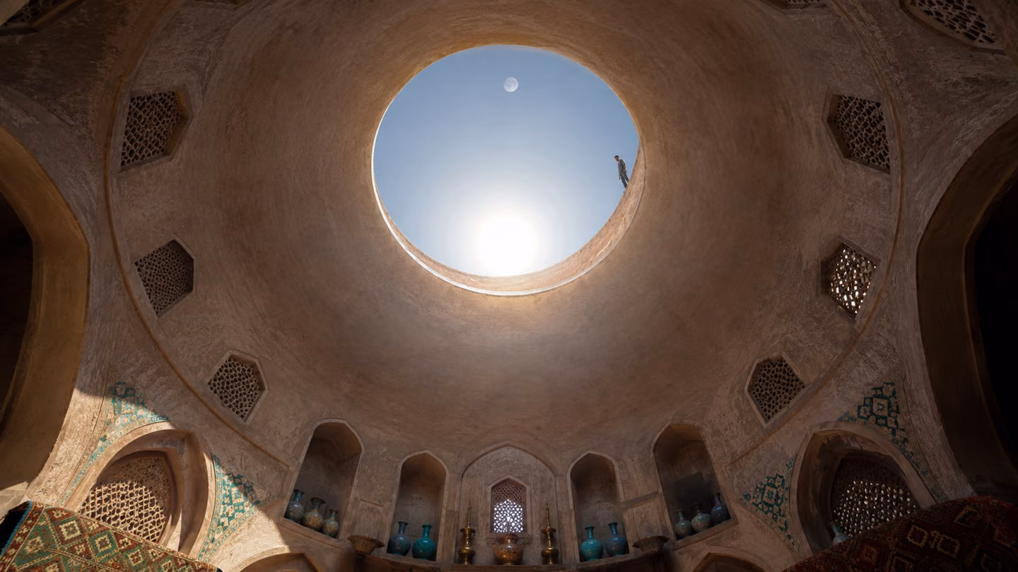 The setting moon sits inside the round roof opening of a domed Kashan ice-house, silver and small; a second radiance, whiter and far stronger, rises into the same circle from below the rim, so the moon reads as the di…