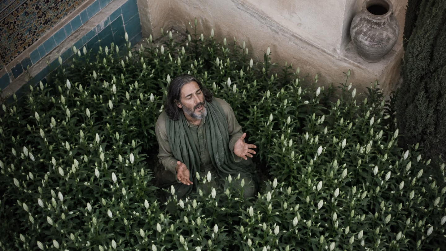 White lilies stand fresh and tall in a sage-green bed, every bloom furled tight shut, not one of them open; the householder kneels among them with his lips parted and no sound coming, and behind him a tall cypress lea…