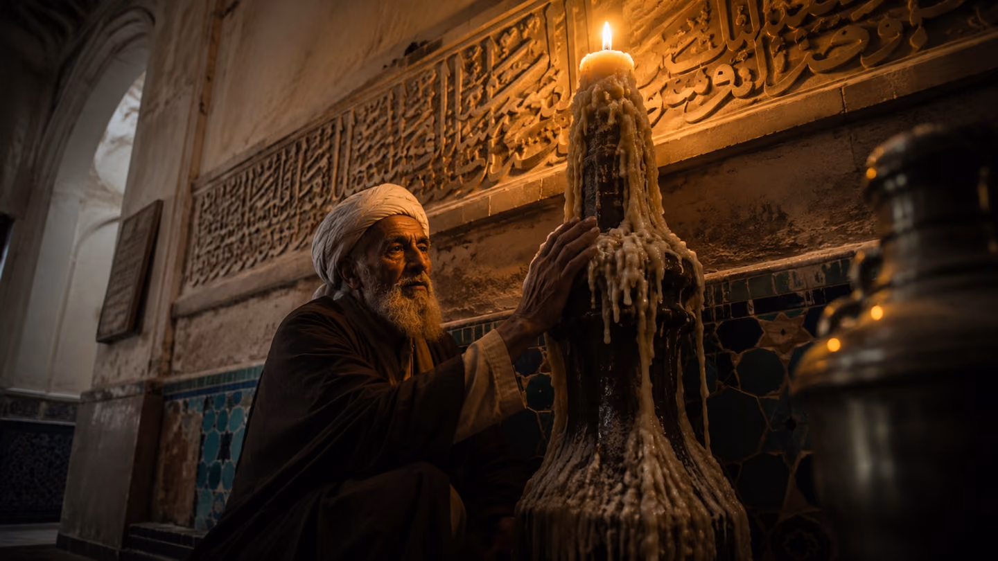 Candle wax runs warm down a hammered iron stand and hardens over the black metal, clothing it, so the same object is soft and unyielding at once; the householder's waxed hand rests against the iron just below the flame.