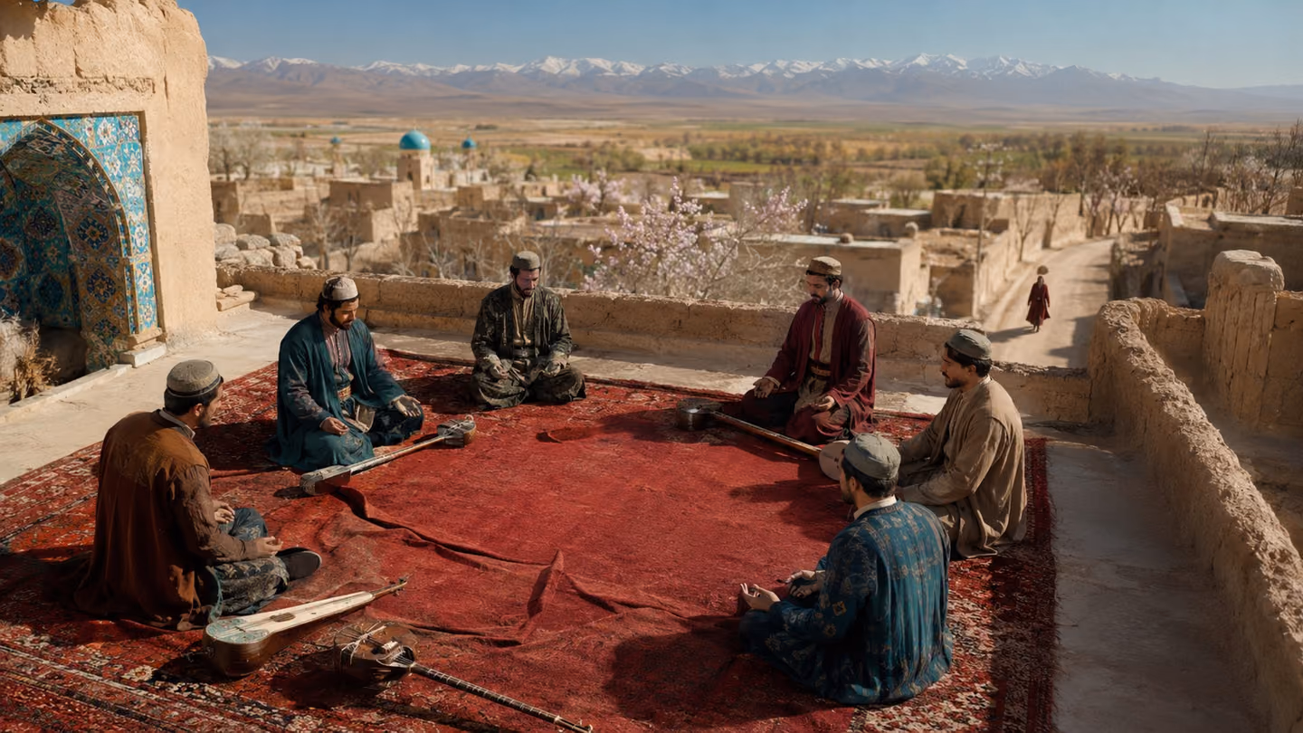 Village singers sit in a ring on a Khorasani rooftop in clear early spring light, instruments laid down, palms upturned empty on their knees — and one place in the circle is vacant, the carpet still creased where she…