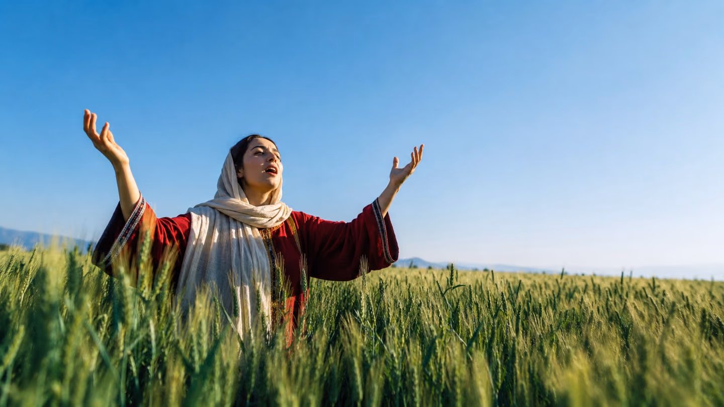 The young singer stands waist-deep in green Khorasani wheat and sings upward, both palms lifted bare and empty — nothing to bargain with, nothing held out.