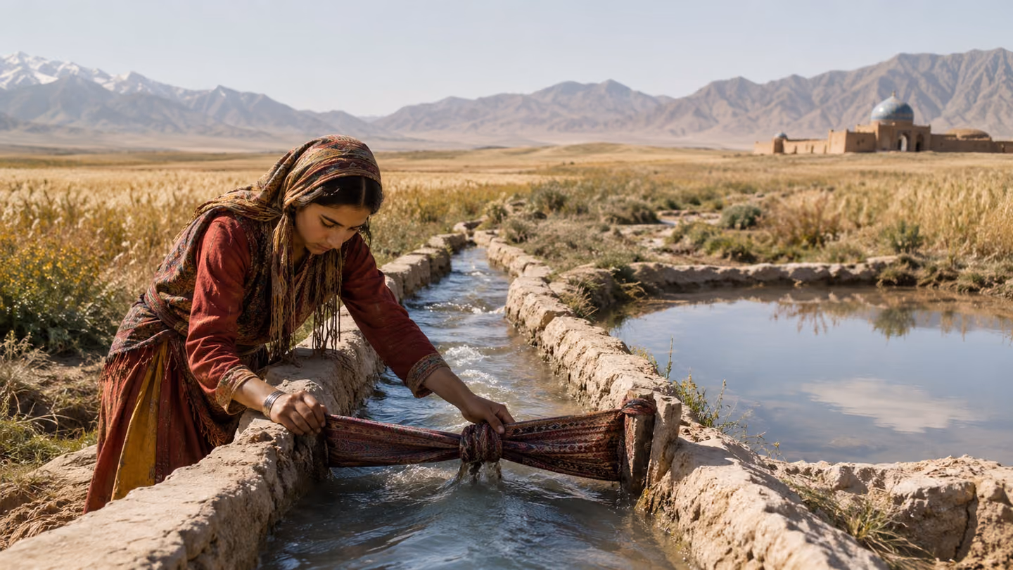 She has knotted her own woven sash across the head of a spring channel and pegged it down, and the bright current lifts it and runs on beneath unmarked, her hands still gripping the useless knot.