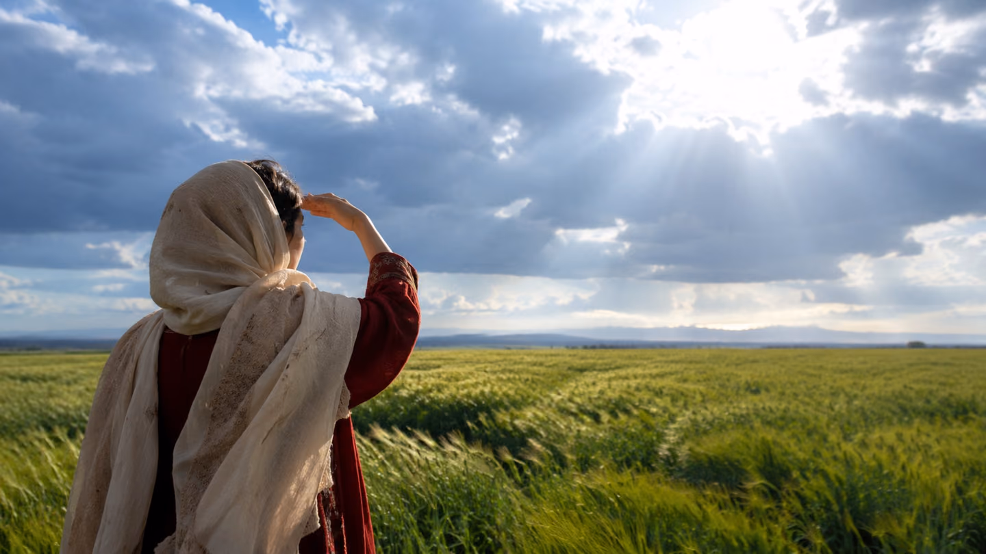 She is still far out on the road when it happens without her — she has turned, a hand raised to shade her eyes, and the whole Khorasan sky is breaking open behind torn spring cloud, pouring clean light down onto the f…