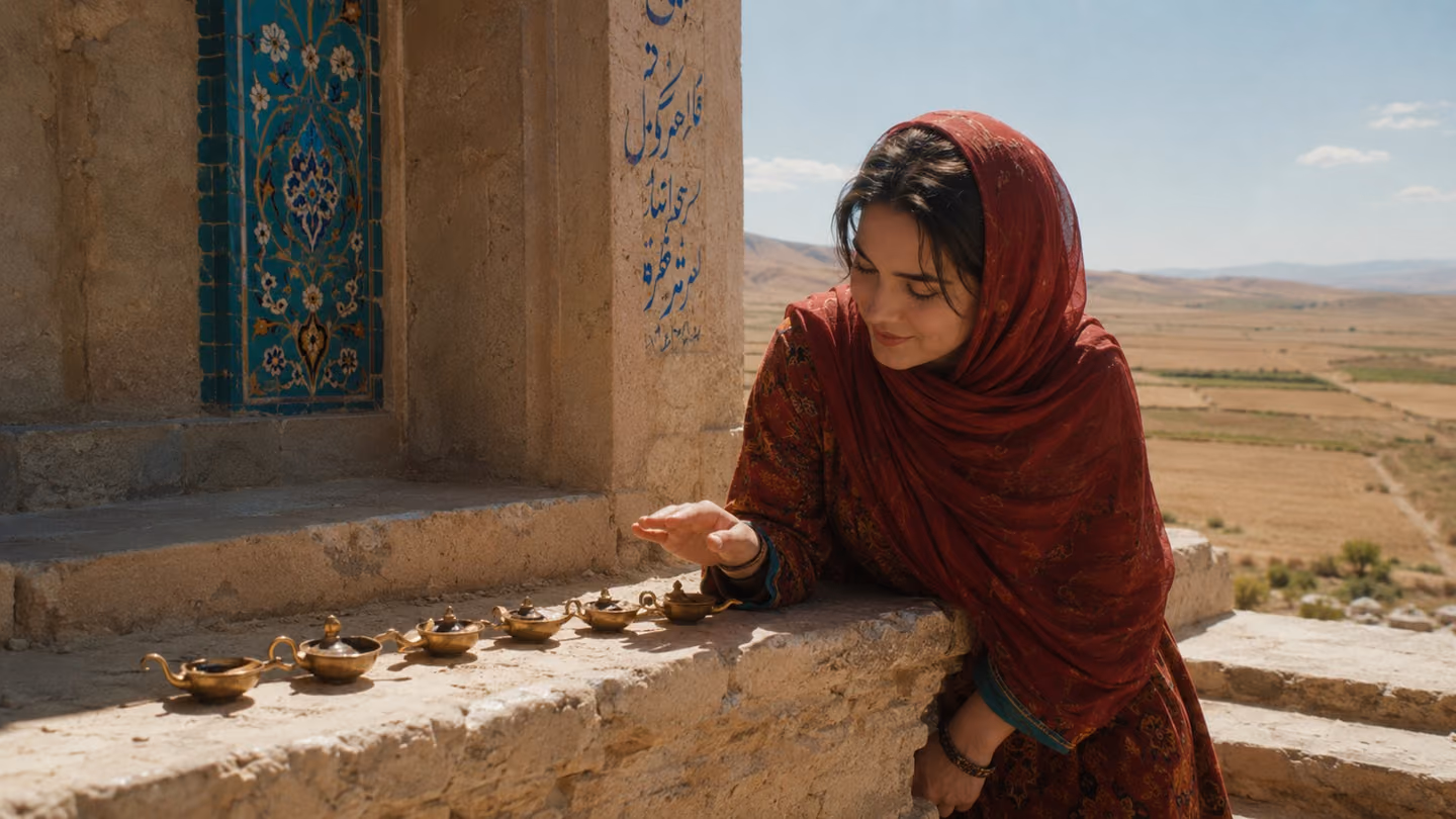 The small oil lamps the party carried out before dawn stand forgotten in a row on a sun-blasted threshold stone at the head of the road, flames gone invisible in blazing white noon; she lowers a cupped palm over one t…