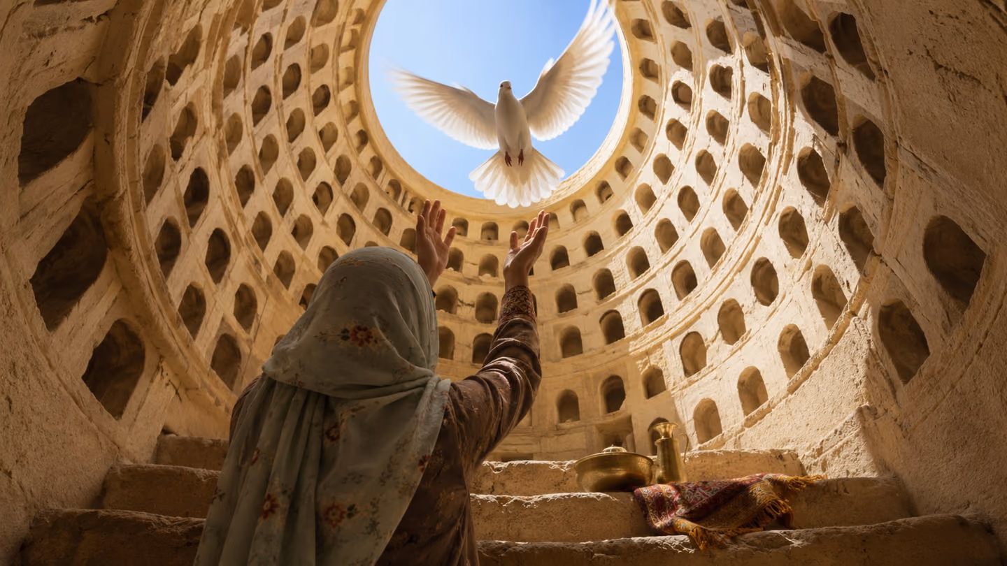 A white pigeon climbs out of her opened hands, large and near against the bright sky disc at the top of a Khorasan pigeon tower, nothing tied to its leg and nothing asked.