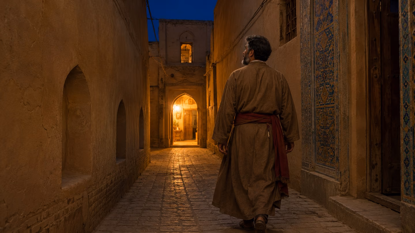 Warm lamplight spills from a low arched doorway at the end of a narrow ochre Yazd alley, blue evening shade filling the lane; the 45-year-old Iranian poet, dark eyes, trimmed greying beard, undyed ochre robe and rust-…