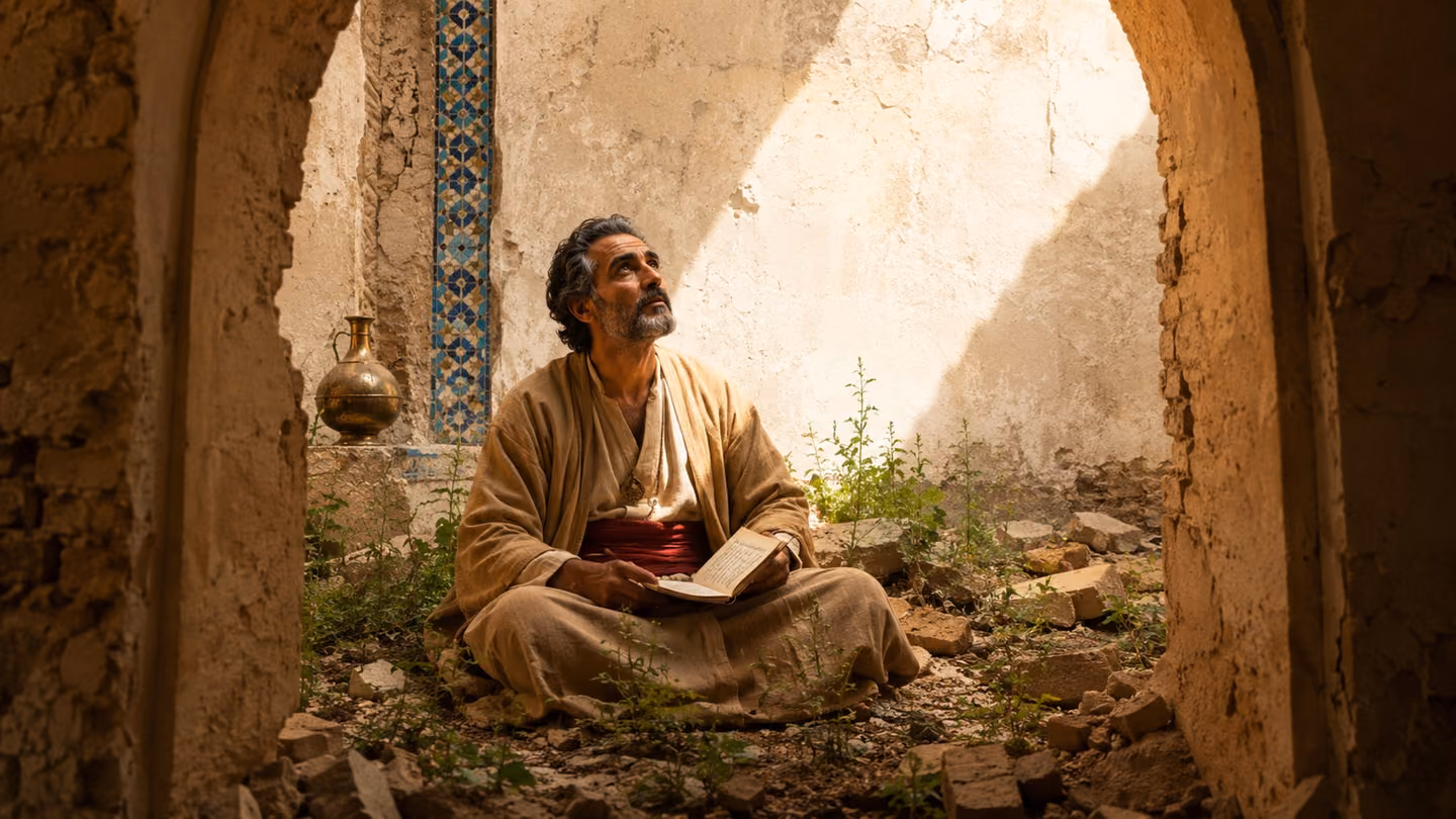 Through a plaster doorway arch, clear morning daylight falls into a roofless abandoned adobe room and lands precisely on the seated poet: 45, dark eyes, trimmed greying beard, undyed ochre robe, rust-red sash with a k…