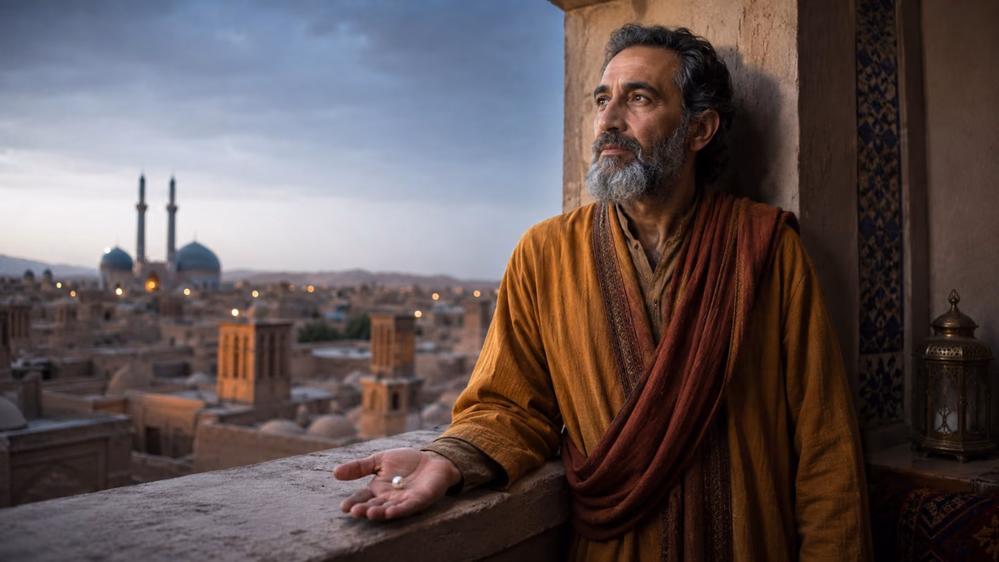 His open palm rests on a plaster windowsill cradling one flawless river pearl, a fresh tear resting beside it with the same cool pre-dawn blue lustre; above, the poet's dark eyes are bright rather than grieving, trimm…