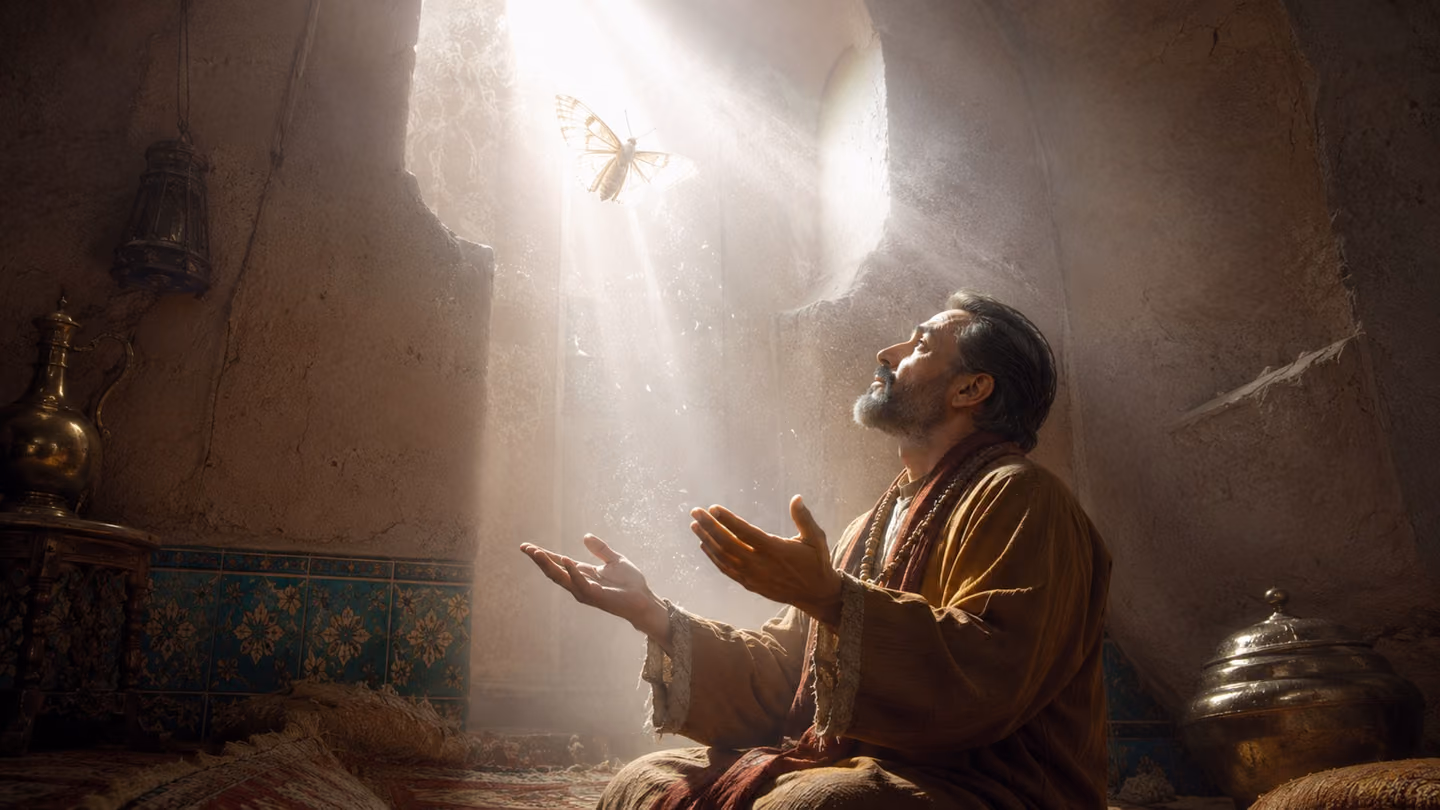Wings translucent and already luminous at their edges, a moth ascends a shaft of pure white radiance pouring into a dim plaster chamber; seen from a low angle the poet kneels beneath it, both palms open, his face floo…